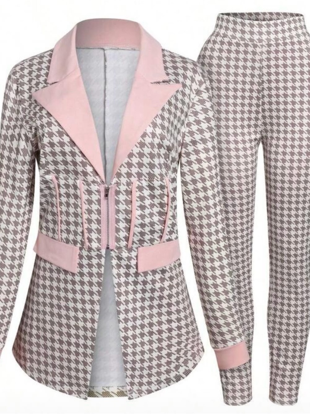 Women’s XL 2 Piece Houndstooth Blazer Jacket & Pants Set Pink Business Casual S